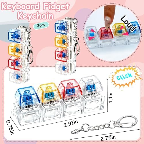 2 PCS Keyboard Fidget Toy, Keyboard Fidget Keychain 4-in-1 Keyboard Decompression Button Finger Clicker Toys, Button Stress Relief Fidget Gifts to Relief Stress (Clear Pink Yellow Blue)