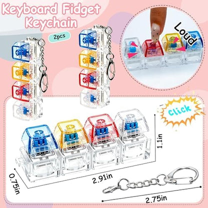 2 PCS Keyboard Fidget Toy, Keyboard Fidget Keychain 4-in-1 Keyboard Decompression Button Finger Clicker Toys, Button Stress Relief Fidget Gifts to Relief Stress (Clear Pink Yellow Blue)
