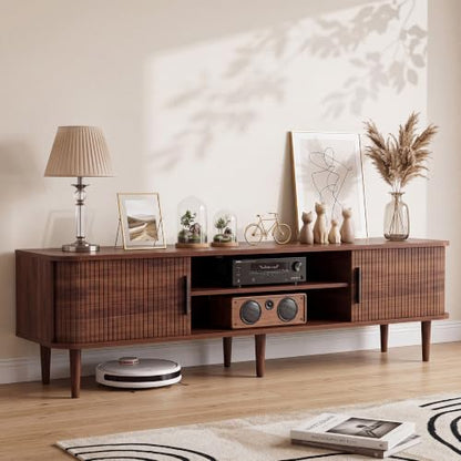 70" TV Stand with Rolling Doors and Storage, Mid-Century, Walnut