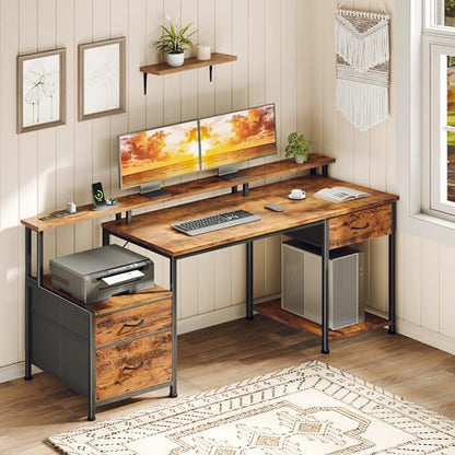 55" Computer Desk with File Drawer, Printer Space, Rustic Brown