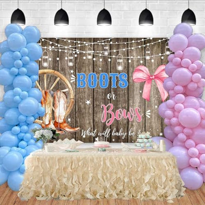 Sensfun Boots or Bows Gender Reveal Backdrop Boy or Girl Baby Shower Party Decorations Rustic Wooden Cowboy Boots Pink Bow Photography Background Western Gender Reveal Banner Photo Booth Props 10x7ft - size: 10x7ft
