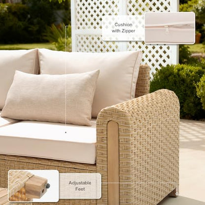 6-Piece Patio Wicker Modular Sectional Set with Acacia Wood Accents