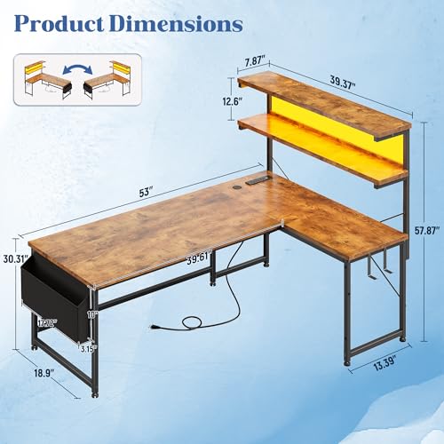 53"L Shaped Desk with Storage Shelf,Side Bag,Hook for Small Space