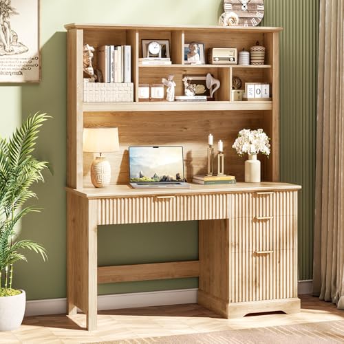 Fluted Computer Desk with Hutch, Wood Executive Desk with Ample File Drawer, Home Office Desk with Drawers for Study, Bedroom, Living Room, Natural