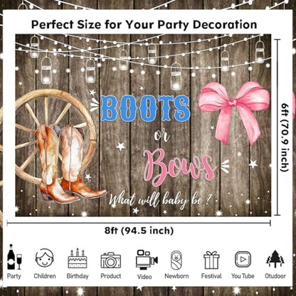 Sensfun Boots or Bows Gender Reveal Backdrop Boy or Girl Baby Shower Party Decorations Rustic Wooden Cowboy Boots Pink Bow Photography Background Western Gender Reveal Banner Photo Booth Props 8x6ft - size: 8x6ft