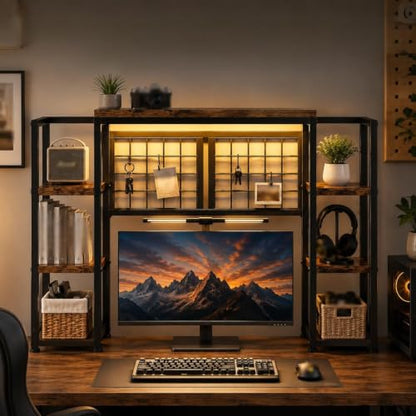 5-Tier LED Desk Hutch, Desk Shelf for Dorm Home Office, Rustic Brown