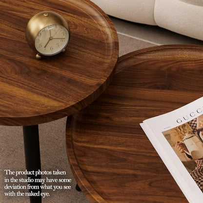 2 Pcs Small Modern Coffee Table Round,Mid Century Walnut Nesting Tables