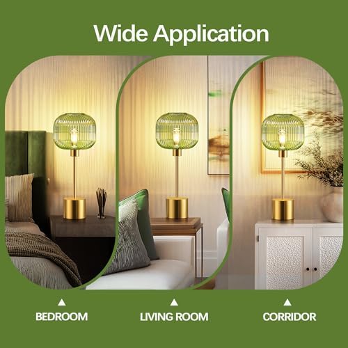 QiMH Glass Table Lamp for Living Room, Modern Bedside Lamp with Green Ribbed Glass Shade, 3-Way Dimmable Touch Control Nightstand Lamp for Bedroom, Brushed Gold (2700K LED Bulb Included)