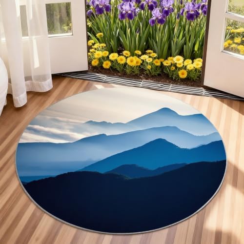Mountain Round Rug - 6ft Washable Misty Mountain Round Area Rug for Living Room, Natural Landscape Circle Rugs Soft Non-Slip Carpet for Bedroom Dining Table Decor Mat