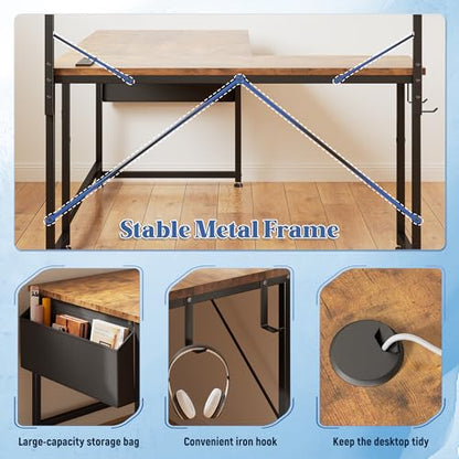 53"L Shaped Desk with Storage Shelf,Side Bag,Hook for Small Space