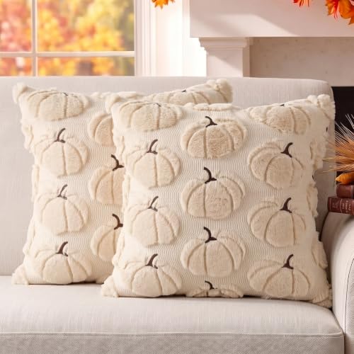 Fall Pillow Covers Pumpkin Fall Decor 18x18 Set of 2 Beige