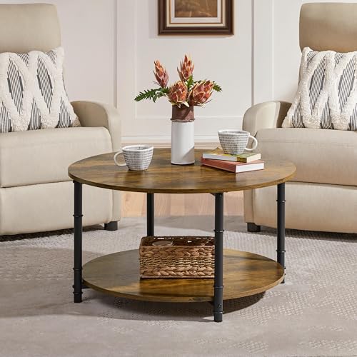 Round Coffee Table with Storage Shelf, 2-Tier 31.5" Rustic Brown