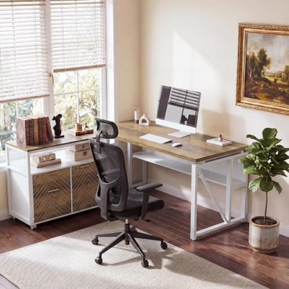 63" Executive Desk with Drawer Cabinet, L-Shaped Desk, Walnut
