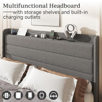King Linen Multifunctional Bed with Charging Station & Storage Headboard