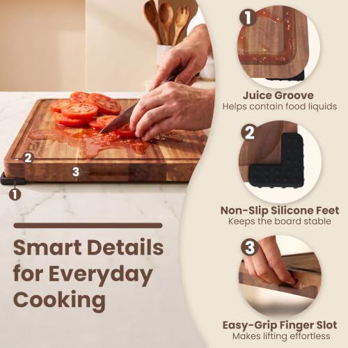 Large Acacia Wood Cutting Board Set for Kitchen with Storage Stand