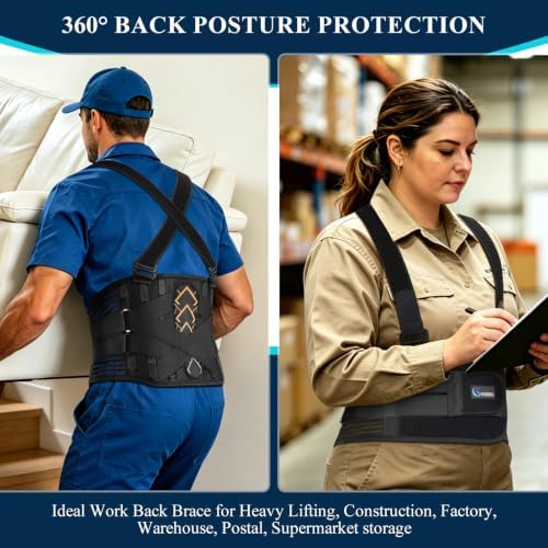 Work Back Brace with 2 Suspender Shoulder Straps for Heavy Lifting Safety, Built-In Bionic Lumbar Panel, Back Posture Protection Belt for Men and Women in Construction, Warehouse Moving Job XL