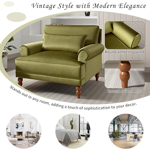 Oversized Velvet Accent Arm Chair with Roman Column Legs, Green