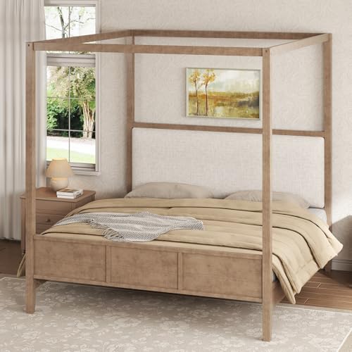 King Size Canopy Bed with Linen Headboard and 4-Poster, Walnut