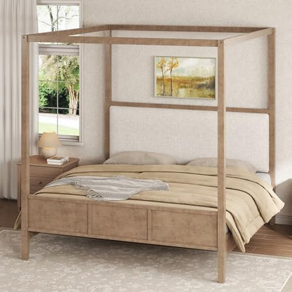 King Size Canopy Bed with Linen Headboard and 4-Poster, Walnut