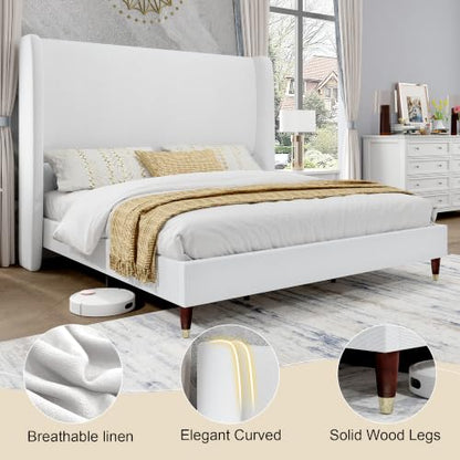 Queen Bed Frame Linen Upholstered 51.2" Tall Headboard, White