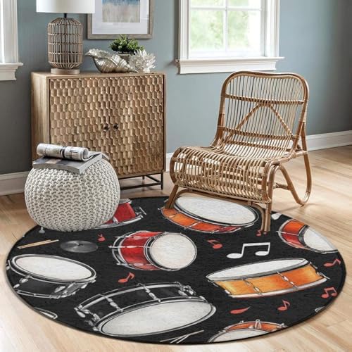 Fashion Round Area Rug Large Non Slip Carpet Unisex Home Decor Mat Black Drum Kit