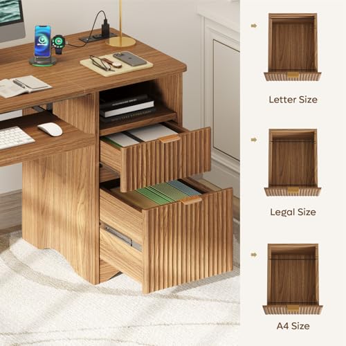 55 Inch Computer Desk with Drawers, Power Outlet, Brown Oak