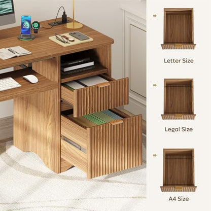 55 Inch Computer Desk with Drawers, Power Outlet, Brown Oak