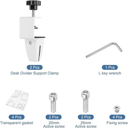 PATIKIL 2 Pcs 1/8" to 1/2" Adjustable Desk Divider Partition Clips, Aluminum Sneeze Guard Support Clamps Desktop Divider Clips for Offices Stores, Counter Privacy Panel,White
