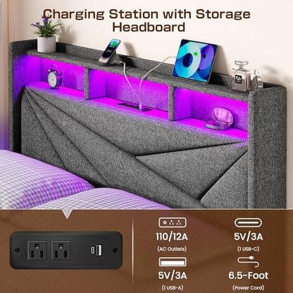 King Size Bed Frame with 4 Storage Drawers and LED Headboard