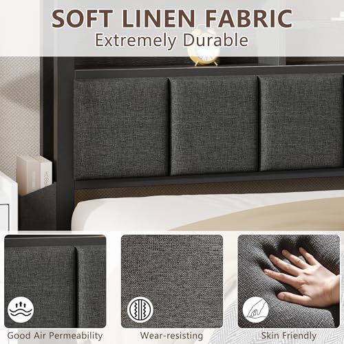King Size Bed Frame with Headboard, Drawers, Charging Station, LED