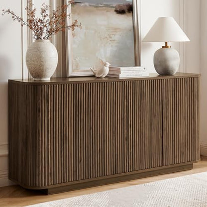 64" Fluted Buffet Cabinet with Storage, Walnut Sideboard Cabinet