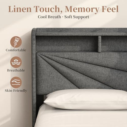 King Size Bed Frame with Storage Headboard, Upholstered King Platform Bed Frame with LED Lights, USB Charging Station & 2 Storage Drawers, No Box Spring Needed, Dark Grey