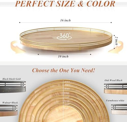 AMH16-Inch Rustic Lazy Susan with Solid Oak Base and Gold Iron Rail