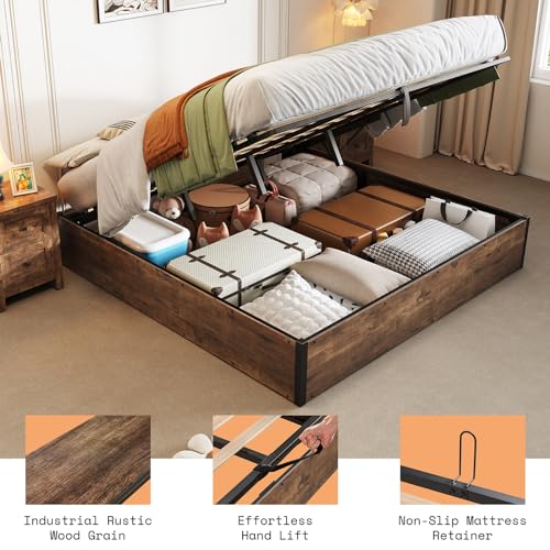 King Lift Up Storage Bed Frame, Rustic Brown