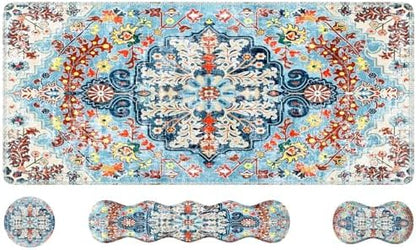 iLeadon Boho Desk Mat Set,Large Mouse Pad and Keyboard Wrist Rest,Blue