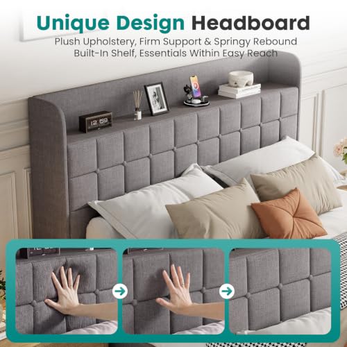 Full Bed Frame, Upholstered Platform Bed Frame with Storage Drawers