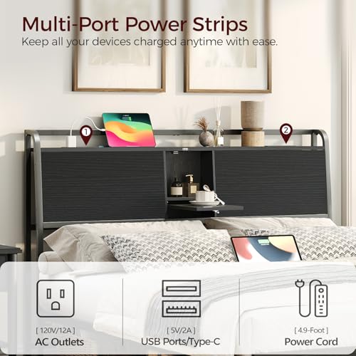 Headboard Queen Size with 2 Power Strips and Flip Door Storage