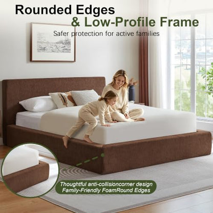 Queen Cloud Bed Frame with Headboard, No Box Spring Needed, Brown-Style A