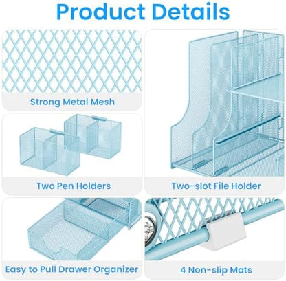 Lavatino Desk Organizer – 4-in-1 Blue Mesh Office Supplies Organizer with Pen Holder, File Holder, Desktop Tray, and Drawer for Home, Office, Classroom