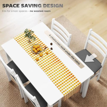 5-Piece Dining Table Set for 4, Solid Rubber Wood Legs, White