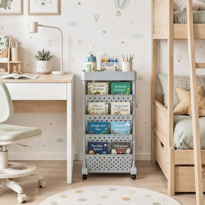 5-Tier Rolling Bookshelf Cart with Wheels, Gray