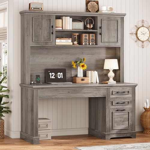 Office Desk with 3 Drawers, 47.2" Executive Computer Desk with Storage Drawers and Hutch Cabinet, Wood Farmhouse Desk with Power Outlet for Home Office, Grey