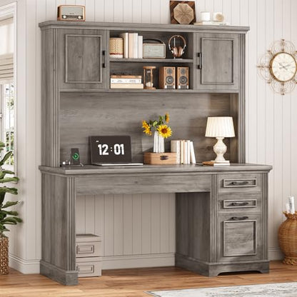 Office Desk with 3 Drawers, 47.2" Executive Computer Desk with Storage Drawers and Hutch Cabinet, Wood Farmhouse Desk with Power Outlet for Home Office, Grey