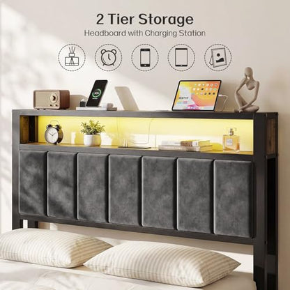 Full Size Bed Frame with Headboard, LED Light & Charging Station