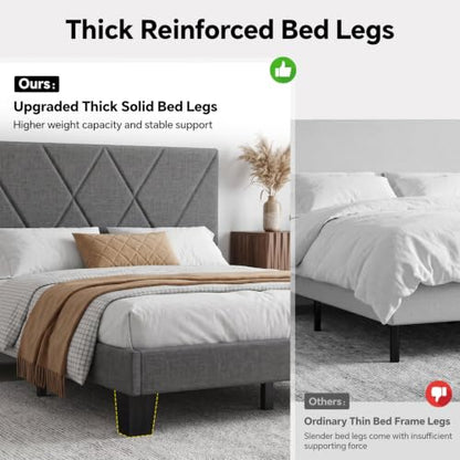 Full Platform Bed Frame with Upholstered Headboard, Gray