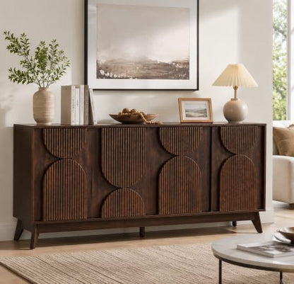 63 Inch Mid Century Modern Fluted Sideboard Buffet Cabinet Dark Walnut