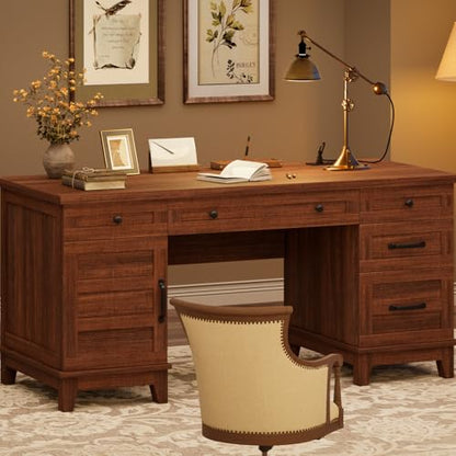 Executive Desk with File Drawers, Farmhouse Home Office Desk with Charging Station, 60 in Wooden Computer Desk with Cabinet Storage for Work Study Writing, Walunt Brown