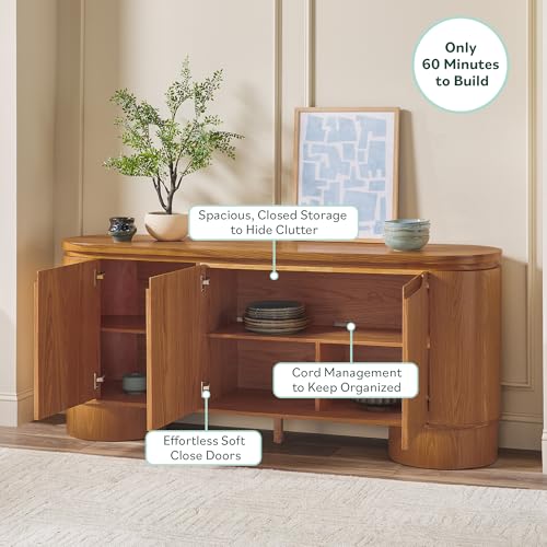 Maya Large Curved Modern Solid Oak Wood Veneer 70 Inch Sideboard TV Stand with Storage, Medium Brown Oak