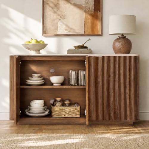 55" Fluted Buffet Sideboard with Storage Cabinet, Walnut