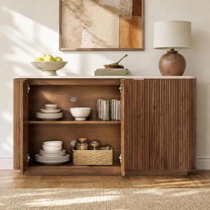 55" Fluted Buffet Sideboard with Storage Cabinet, Walnut